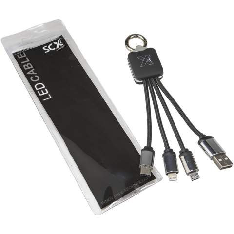 Light-up logo charging cable with rubber and metal finish fitted with three connectors (Type-C, Android, iPhone). Up to three devices can be charged simultaneously. Length of cables (including plugs): 10 cm. Recycled PET plastic cable and packaging is made of recycled paper and recycled plastic.