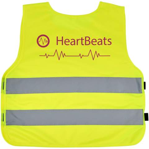 High visibility vest in XS size suitable for kids age 7-12 years with a height between 104-121 cm. Large decoration area on the front and on the back of the vest. On the shoulder and the bottom elastic bands there are hook & loop closures, that offers extra safety and makes the vest easy to put on. The elastic bands on the other side makes it stretchable allowing easy wearing on thick coats. The vest is tested and certified under regularions EN 1150:1999. It also adheres to the PPE guidelines on application of Regulation (EU) 2016/425 Personal Protective Equipment Category II.