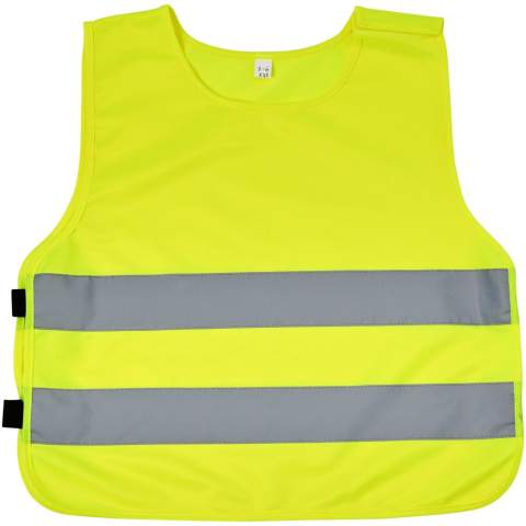 High visibility vest in XS size suitable for kids age 7-12 years with a height between 104-121 cm. Large decoration area on the front and on the back of the vest. On the shoulder and the bottom elastic bands there are hook & loop closures, that offers extra safety and makes the vest easy to put on. The elastic bands on the other side makes it stretchable allowing easy wearing on thick coats. The vest is tested and certified under regularions EN 1150:1999. It also adheres to the PPE guidelines on application of Regulation (EU) 2016/425 Personal Protective Equipment Category II.