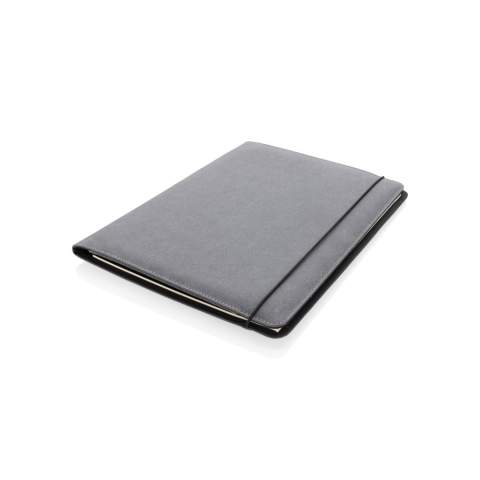 The recycled leather portfolio adds a little bit of extra sophistication to your work. Keep your important documents, cards and notes together in this beautiful portfolio with black elastic binder. Inside the A4 portfolio you can find a lined 64 gm/2 recycled paper notepad containing 20 pages. Inside there’s  1 big sleeve pocket, 3 phone size pockets and 4 business card slots.<br /><br />NotebookFormat: A4<br />NumberOfPages: 20<br />PaperRulingLayout: Lined pages