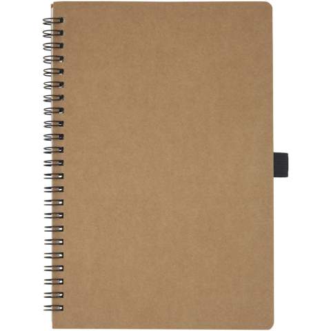 Carnet A5 à spirales avec couverture en carton recyclé et boucle pour stylo. Contient 70 feuilles lignées de 60 g/m² fabriquées en pierre. Le papier de pierre n'utilise aucun arbre et le processus de production consomme moins d’énergie que celui du papier recyclé ou de nouvelle pâte à papier. Ce papier est résistant à l’eau et aux déchirures et se caractérise par une couleur blanche naturelle (pas de blanchiment). 