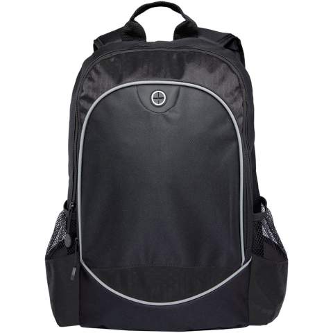 Zippered main compartment holds most 15" laptops and includes padded compartment for your iPad or tablet. Large front zippered pocket has organization and earbud access. Features two side pockets. Reinforced carry handle and adjustable padded shoulder straps. Accessories not included.