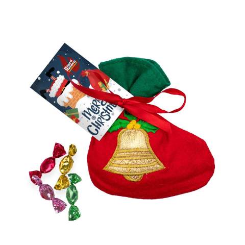 Fabric Christmas sock, filled with 50 grams of metallic sweets, with full color card printed on both sides.