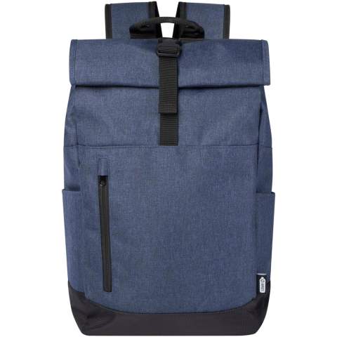 15.6" laptop backpack featuring a padded laptop compartment, padded adjustable shoulder straps, zippered main compartment with roll top closure, 2 carrying handles and front zipper pocket. GRS certified.