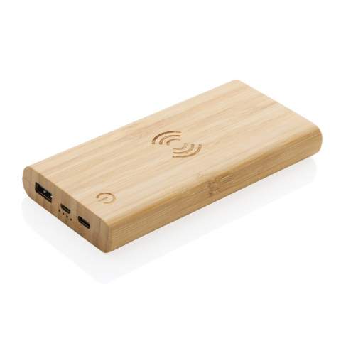 8000 mah powerbank with casing made from 100% FSC®certified bamboo. The powerbank contains a long lasting grade A 8.000 mAh lithium polymer battery. The powerbank offers charging via cable as well as 5W wireless charging. The power indicators will indicate the remaining energy level so you always know when to re-charge. Wireless charging compatible with Android latest generations, iPhone 8 and up. Input micro and Type-C 5V/2A; Output USB-A, micro USB and Type-C DC5V/2A; Wireless charging output: 5V/1A. Including PVC free recycled TPE material charging cable. ; Item and accessories 100% PVC free. Packed in FSC®mix packaging.<br /><br />WirelessCharging: true<br />PowerbankCapacity: 8000<br />PVC free: true
