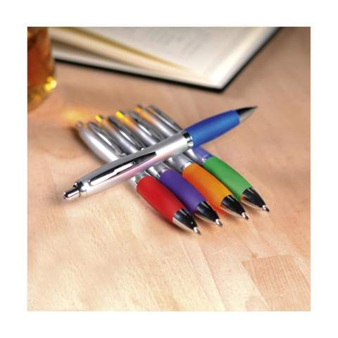 Blue or black ink ballpoint pen with coloured non-slip grip and metal clip.