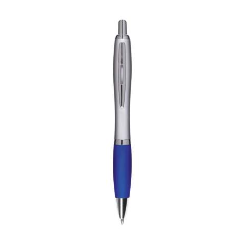 Blue or black ink ballpoint pen with coloured non-slip grip and metal clip.