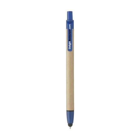 WoW! Blue ink ballpoint pen with barrel, made from recycled cardboard, rubber pointer to operate touch screens and plastic accents.