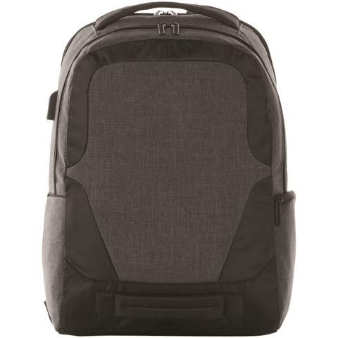 A sleek, 17" laptop backpack with USB port and cable. Equipped with RFID protection in side pocket, additional zippered pockets and a trolley strap on the back. The top and front grab handles and padded shoulder straps make it easy to carry around. There may be minor variations in the colour of the actual product due to the nature of the fabric dyes, weaves, and printing.