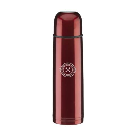 Vacuum-insulated, stainless steel thermo bottle with screw cap/drinking cup and handy press and pour system. Leak proof. Capacity 500 ml. Each item is individually boxed.