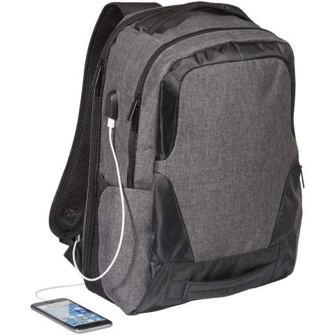 A sleek, 17" laptop backpack with USB port and cable. Equipped with RFID protection in side pocket, additional zippered pockets and a trolley strap on the back. The top and front grab handles and padded shoulder straps make it easy to carry around. There may be minor variations in the colour of the actual product due to the nature of the fabric dyes, weaves, and printing.