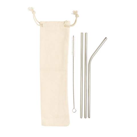 Phase out the use of plastic straws and upgrade to a durable metal straw that you can take everywhere with you and re-use time after time. This set features 2 straight straws and one bent straw made of durable 304 stainless steel. Take the set anywhere in the convenient cotton pouch. Including a brush for easy cleaning. Dishwasher safe. BPA free.