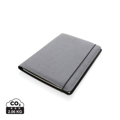 The recycled leather portfolio adds a little bit of extra sophistication to your work. Keep your important documents, cards and notes together in this beautiful portfolio with black elastic binder. Inside the A4 portfolio you can find a lined 64 gm/2 recycled paper notepad containing 20 pages. Inside there’s  1 big sleeve pocket, 3 phone size pockets and 4 business card slots.<br /><br />NotebookFormat: A4<br />NumberOfPages: 20<br />PaperRulingLayout: Lined pages