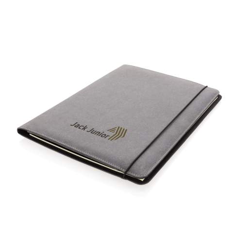 The recycled leather portfolio adds a little bit of extra sophistication to your work. Keep your important documents, cards and notes together in this beautiful portfolio with black elastic binder. Inside the A4 portfolio you can find a lined 64 gm/2 recycled paper notepad containing 20 pages. Inside there’s  1 big sleeve pocket, 3 phone size pockets and 4 business card slots.<br /><br />NotebookFormat: A4<br />NumberOfPages: 20<br />PaperRulingLayout: Lined pages