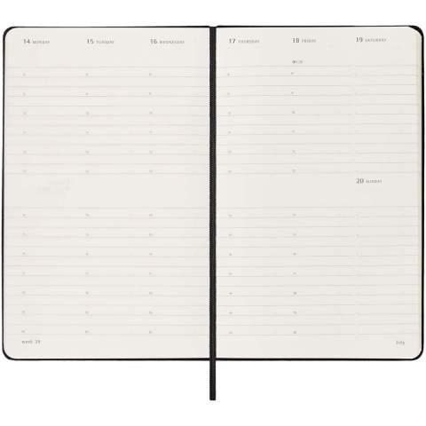 The hard cover Moleskine L weekly planner Vertical is dated from January to December 2025. Formatted in a vertical format to show each week on a two page spread with the days spanning the top of the page, this popular planner style is perfect for those who want to have an overview of the organised week. Features ivory-coloured acid-free paper, a black elastic closure, a page ribbon marker, a colour coordinated expandable inner pocket, and stickers for personal customisation, as well as year stickers for the spine.