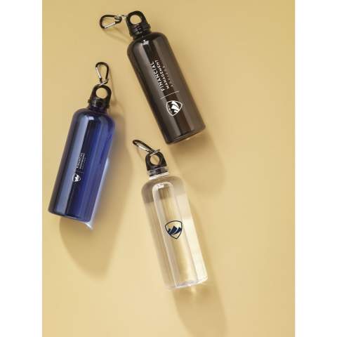 WoW! Wiederverwendbare, recycelte Wasserflasche. Die Flasche besteht zu 100% aus RPET. Mit Kunststoff-Schraubverschluss und einem Aluminium-Karabiner, mit dem Sie die Flasche einfach an Ihrer Tasche oder Ihrem Rucksack befestigen können. Der Karabiner ist nicht als Kletterwerkzeug geeignet. Sie können diese ideale, leichte Flasche überall hin mitnehmen. Auslaufsicher. Nur für kaltes Wasser geeignet. Nicht spülmaschinengeeignet. GRS-zertifiziert. Gesamtes recyceltes Material: 83%. Fassungsvermögen 630 ml.