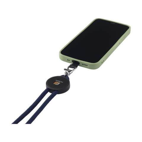 Adjustable phone lanyard with round cord made from 100% GRS RPET polyester. With metal carabiner, aluminium adjustable loop and stoppers and a round tag made of recycled plastic. The universal patch makes it possible to attach your smartphone to your lanyard. With this combination, you can carry your smartphone safely around your neck. This ensures that you have your phone quickly at hand and you can keep your hands and clothing pockets free. This patch is compatible with most smartphone and case combinations, but not with cases with an open bottom. The system is designed so that your phone's charging port is not blocked. GRS-certified. Total recycled material: 40%.