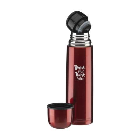 Vacuum-insulated, stainless steel thermo bottle with screw cap/drinking cup and handy press and pour system. Leak proof. Capacity 500 ml. Each item is individually boxed.