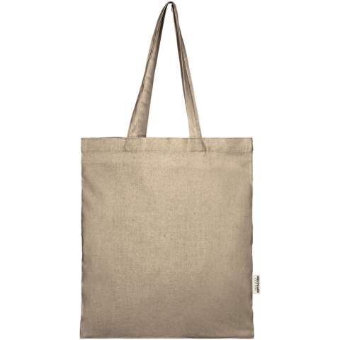 Tote bag made of a 150 g/m² recycled cotton polyester blend. This bag folds easily to fit in a small space, and is the perfect companion for a variety of activities like grocery shopping, day trips or craft projects. Recycled cotton is manufactured from pre-consumer waste generated by textile factories during the cutting process. Similar colours are blended together so no additional dyeing is required. Due to the nature of recycled cotton, there may be a very slight colour variation. This distinctly adds to a more authentic appearance. Each bag also comes with an Aware™ tracer. This innovative feature allows users to trace the origins and journey of their item through a QR code, enhancing transparency in the supply chain and fostering a stronger connection between the product and its production process. Resistance up to 5 kg weight. Handle length: 31 cm.