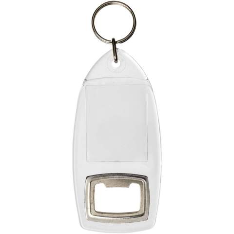 Porte-clés transparent R1 avec décapsuleur et anneau fendu en métal. L’anneau en forme de boucle métallique présente un profil plat idéal pour les envois. Dimensions de l’insert pour impression : 4,0 cm x 3,2 cm.