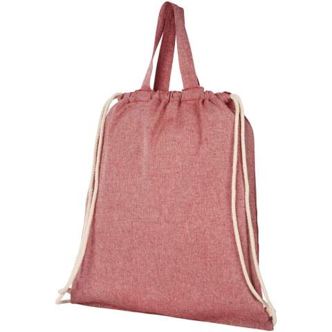 Drawstring bag made of 150 g/m² recycled cotton polyester blend. Recycled cotton is manufactured from pre-consumer waste generated by textile factories during the cutting process. Similar colours are blended together so no additional dyeing is required. Large main compartment with cotton drawstring closure in natural colour. Features two handles with a dropdown height of 14 cm. Resistance up to 5 kg weight. There may be minor variations in the colour of the actual product due to the nature of the production process.