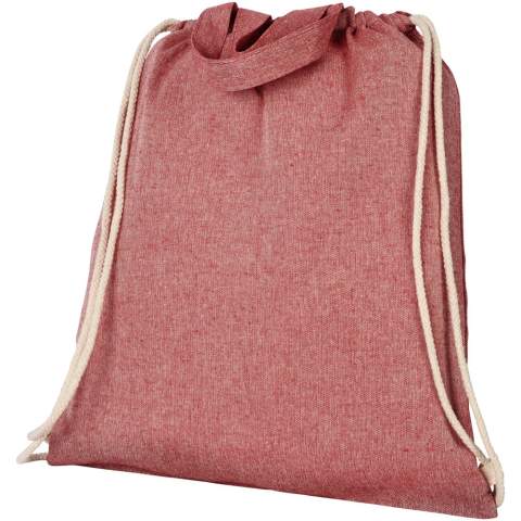 Drawstring bag made of 150 g/m² recycled cotton polyester blend. Recycled cotton is manufactured from pre-consumer waste generated by textile factories during the cutting process. Similar colours are blended together so no additional dyeing is required. Large main compartment with cotton drawstring closure in natural colour. Features two handles with a dropdown height of 14 cm. Resistance up to 5 kg weight. There may be minor variations in the colour of the actual product due to the nature of the production process.