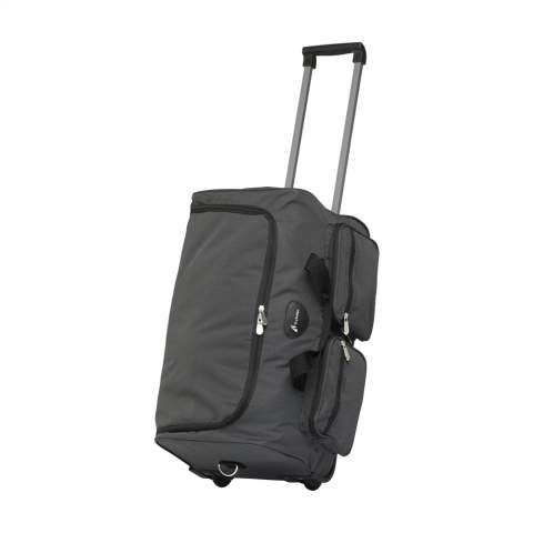 Exclusive luggage trolley bag with a telescopic handle, 2 wheels, a large main compartment and 4 front pockets with zips. Made of water repellent, duo-tone 600D polyester with a chic yet subtle checkered finish. Capacity approx. 31.5 litres.