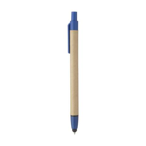 WoW! Blue ink ballpoint pen with barrel, made from recycled cardboard, rubber pointer to operate touch screens and plastic accents.