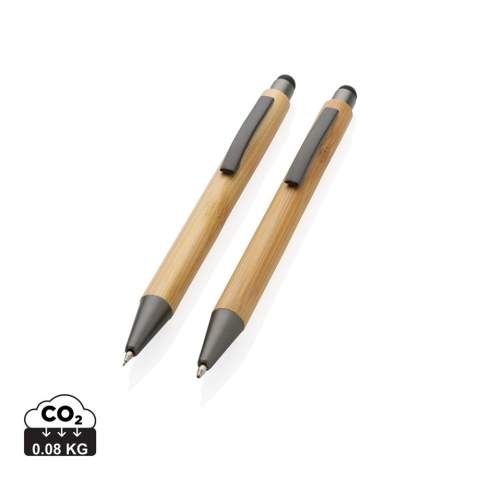 This modern looking pen set with ballpen and pencil is made with FSC®certified bamboo. The pen features a 800m writing refill with blue German ink and the pencil a 0.7mm lead. Packed in FSC®certified giftbox.