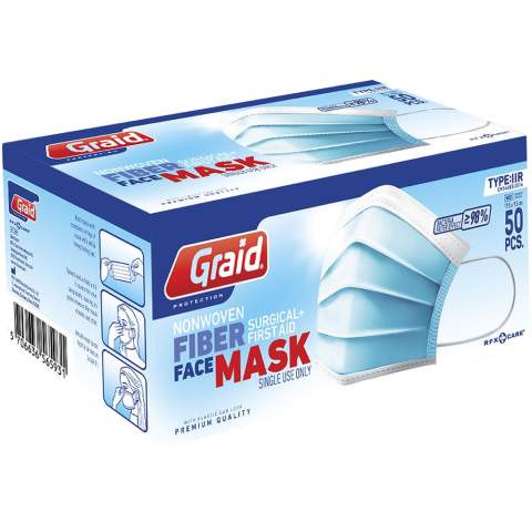 Graid Protection. Masque de type IIR avec 3 couches. Masque avec attaches élastiques solides et agréables à porter, ainsi qu'un pince-nez permettant un bon maintien. Ce masque a une filtration anti bactérienne importante. Le port d'un masque jetable est recommandé par les professionnels de santé et les autorités afin de réduire le risque de contamination et d'infection. Ce masque est confortable et n'irrite pas la peau. Il a le marquage CE en conformité avec la directive européenne sur les produits médicaux  93/42/EEC, Annex V.3&Vii, Class 1 rule 1. Ce masque Type IIR est approuvé en conformité avec la norme EN 14683:2019. Il résiste aux éclaboussures et garantit un taux de filtration des bactéries (BFE) ≥ 98%. Biocompatibilité testée. Uniquement disponible par séries de 50 (quantité minimale de commande de 50 pièces). Livrées sous boite carton 10 x 8 x 19 cms.