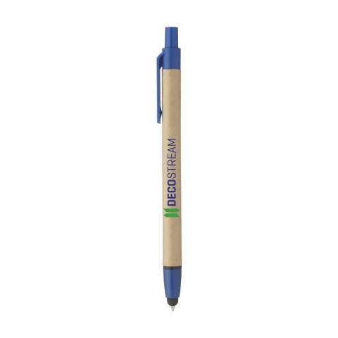 WoW! Blue ink ballpoint pen with barrel, made from recycled cardboard, rubber pointer to operate touch screens and plastic accents.