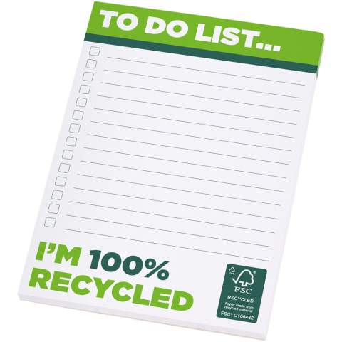 Bloc-notes Desk-Mate® A6 blanc avec des feuilles en papier recyclé 80 g/m². Marquage possible sur chaque feuille. Trois tailles disponibles (25/50/100 feuilles). 