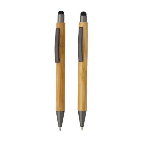 This modern looking pen set with ballpen and pencil is made with FSC®certified bamboo. The pen features a 800m writing refill with blue German ink and the pencil a 0.7mm lead. Packed in FSC®certified giftbox.