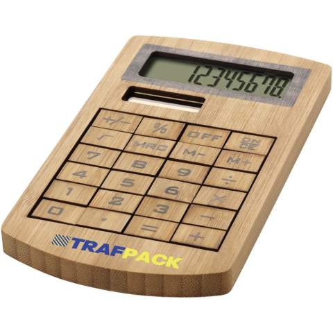 8 digit eco-friendly bamboo calculator. Works on solar power.