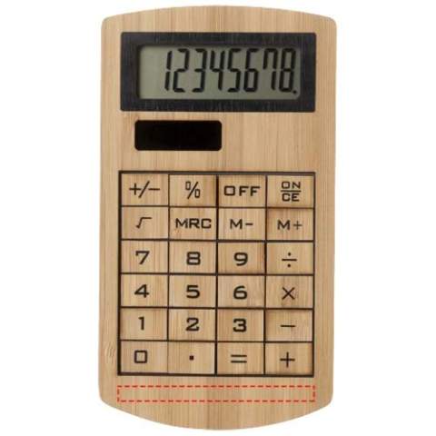 8 digit eco-friendly bamboo calculator. Works on solar power.