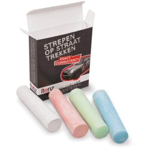 Four colours of street chalk in a custom-made box