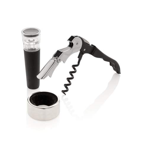 Have everything you need to open and serve your favourite wines with this 3 pcs wine set. The set consists of a waiter's corkscrew, wine stopper and drip ring. Packed in a luxury gift box.