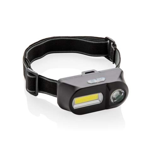 Dual head torch with both COB and LED torch. The 180 lumen COB light is perfect to illuminate areas nearby with a bright light. Switch to the 90 lumen LED light to highlight areas that are more distant (up to 80 metres). Both lights have three modes: bright, dim and flashing.  With adjustable elastic 42 cm headband to wear the item on your head or helmet.  Made from ABS. Working time 3 hours. Including batteries for direct use.<br /><br />Lightsource: COB LED<br />LightsourceQty: 2