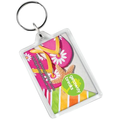 Clear rectangular C1 keychain with metal split keyring. The metal looped ring offers a flat profile which is ideal for mailings. Print insert dimensions: 5,0 cm x 3,5 cm.