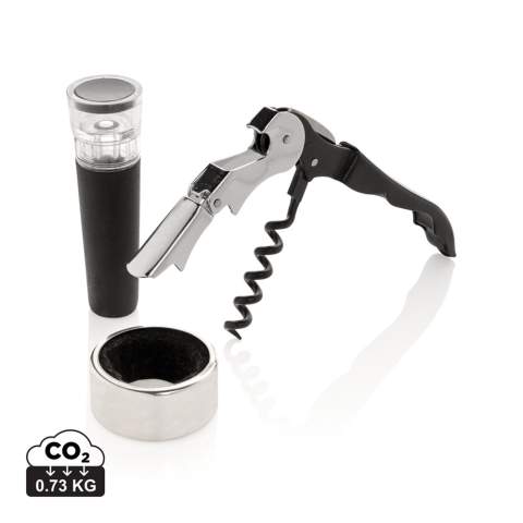 Have everything you need to open and serve your favourite wines with this 3 pcs wine set. The set consists of a waiter's corkscrew, wine stopper and drip ring. Packed in a luxury gift box.