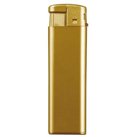 An electronic refillable metallic lighter. Child-resistant.