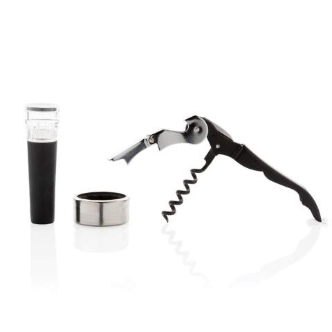 Have everything you need to open and serve your favourite wines with this 3 pcs wine set. The set consists of a waiter's corkscrew, wine stopper and drip ring. Packed in a luxury gift box.