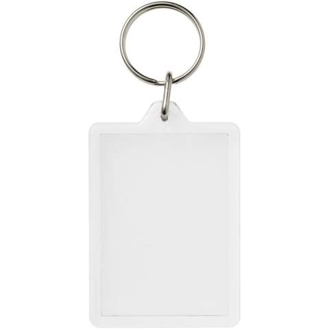 Clear rectangular C1 keychain with metal split keyring. The metal looped ring offers a flat profile which is ideal for mailings. Print insert dimensions: 5,0 cm x 3,5 cm.