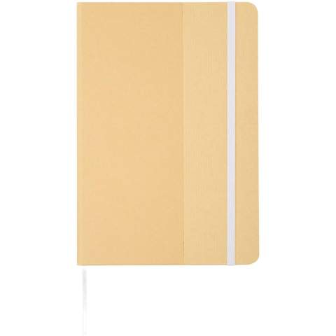 Hard cover A5 notebook made of recycled cardboard with 80 lined sheets of 70 g/m² paper. The notebook has an elastic closure, a ribbon, and rounded corners. 