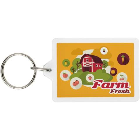 Clear rectangular C1 keychain with metal split keyring. The metal looped ring offers a flat profile which is ideal for mailings. Print insert dimensions: 5,0 cm x 3,5 cm.