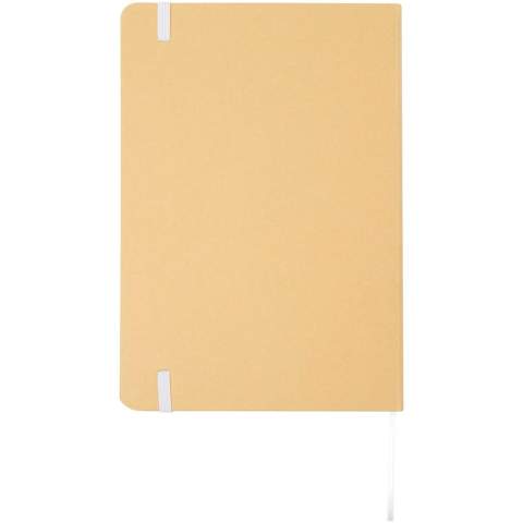 Hard cover A5 notebook made of recycled cardboard with 80 lined sheets of 70 g/m² paper. The notebook has an elastic closure, a ribbon, and rounded corners. 