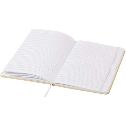 Hard cover A5 notebook made of recycled cardboard with 80 lined sheets of 70 g/m² paper. The notebook has an elastic closure, a ribbon, and rounded corners. 