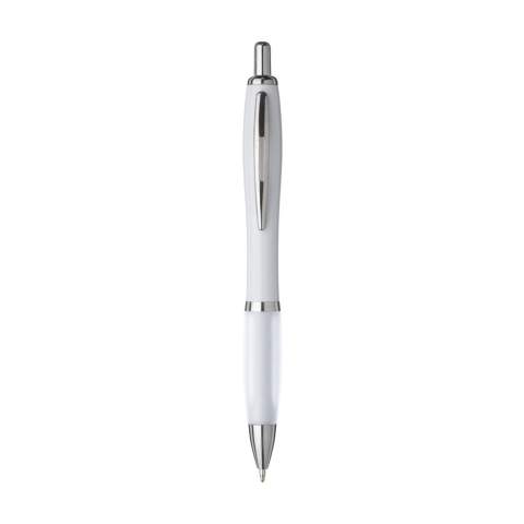 Stylo à encre bleue ou noire avec corps blanc avec embout coloré antidérapant et clip en métal.