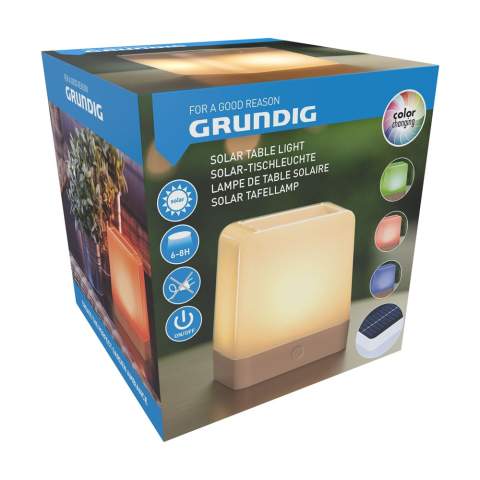 Lampe de table solaire sans fil en plastique de la marque Grundig. Avec éclairage d'ambiance LED, choix de lumière blanc chaud, vert, orange ou bleu. Equipé d'un panneau solaire. La lampe fonctionne à l'énergie solaire et se recharge pendant la journée. Complètement chargée, la lampe fournit de la lumière pendant 6 à 8 heures. La lampe d'ambiance idéale pour l'intérieur et l'extérieur. Par pièce dans une boîte.