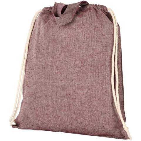 Drawstring bag made of 150 g/m² recycled cotton polyester blend. Recycled cotton is manufactured from pre-consumer waste generated by textile factories during the cutting process. Similar colours are blended together so no additional dyeing is required. Large main compartment with cotton drawstring closure in natural colour. Features two handles with a dropdown height of 14 cm. Resistance up to 5 kg weight. There may be minor variations in the colour of the actual product due to the nature of the production process.